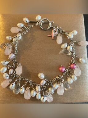Freshwater Silver Pearl & Rose Quartz Charm Bracelet with Pink Ribbon Accent